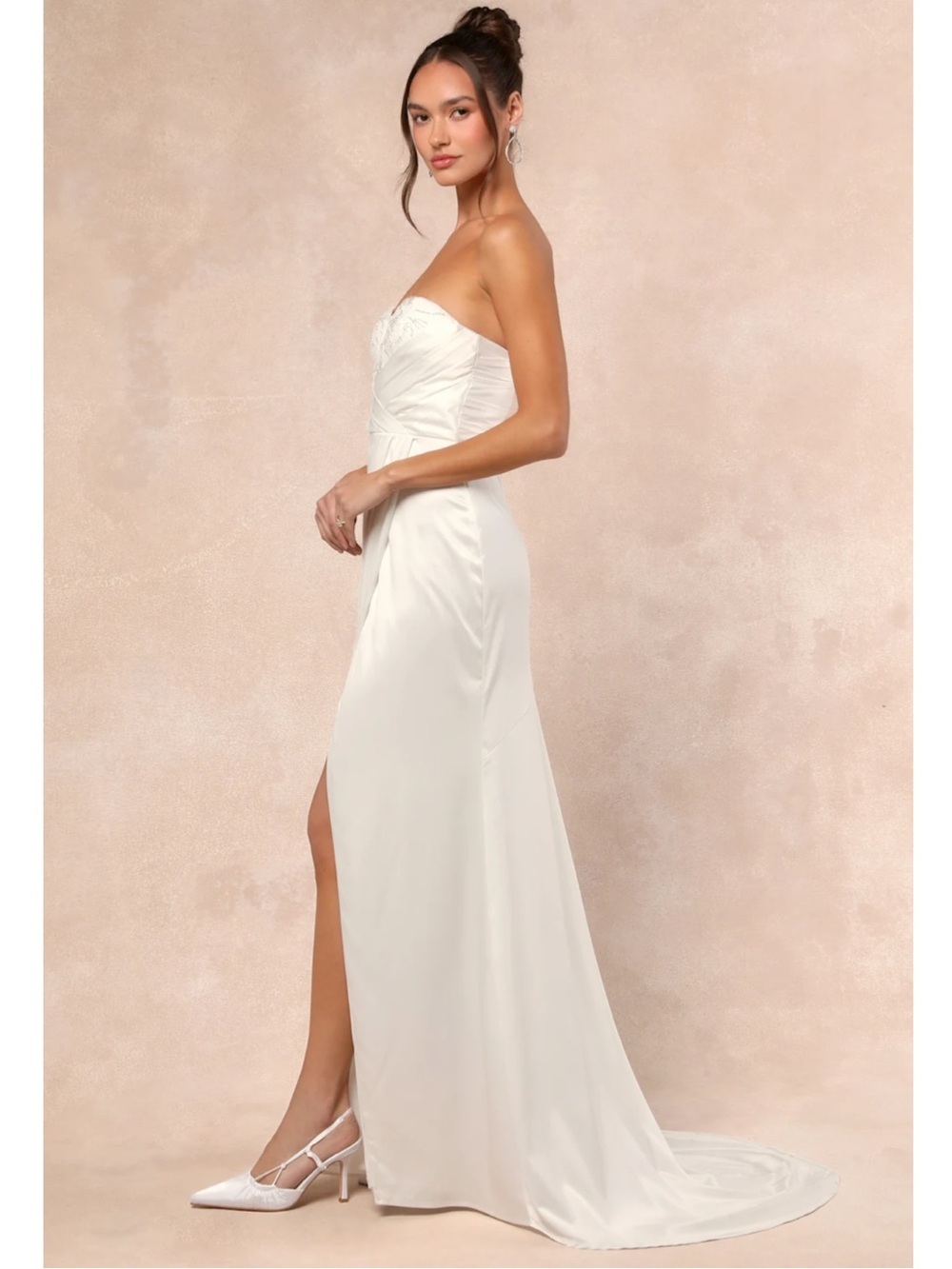 NWT Lulu’s Heidy White Satin Beaded Strapless Maxi Wedding Dress Medium Romantic - Picture 4 of 12
